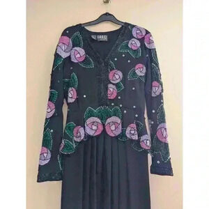 Vintage Women's Black Sequin Beaded Long sleeve Dress Floral Maxi Evening